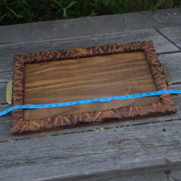 Nice Wood Serving Tray with Metal Handles and Carved Border - Picture 7 of 12